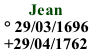        Jean
 ° 29/03/1696
 +29/04/1762 
